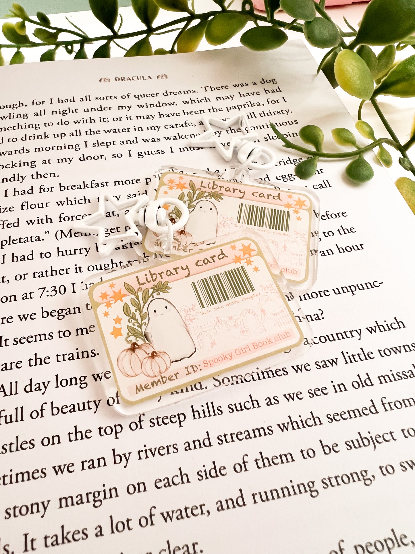 Spooky Girl library card acrylic key charm. Bookish bag charm gift