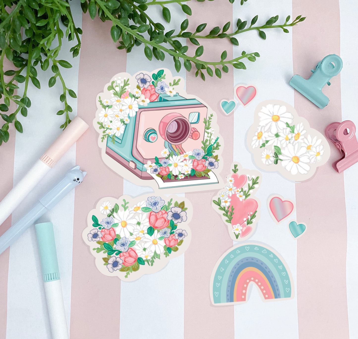 Kawaii instant camera rainbow flower sticker pack.