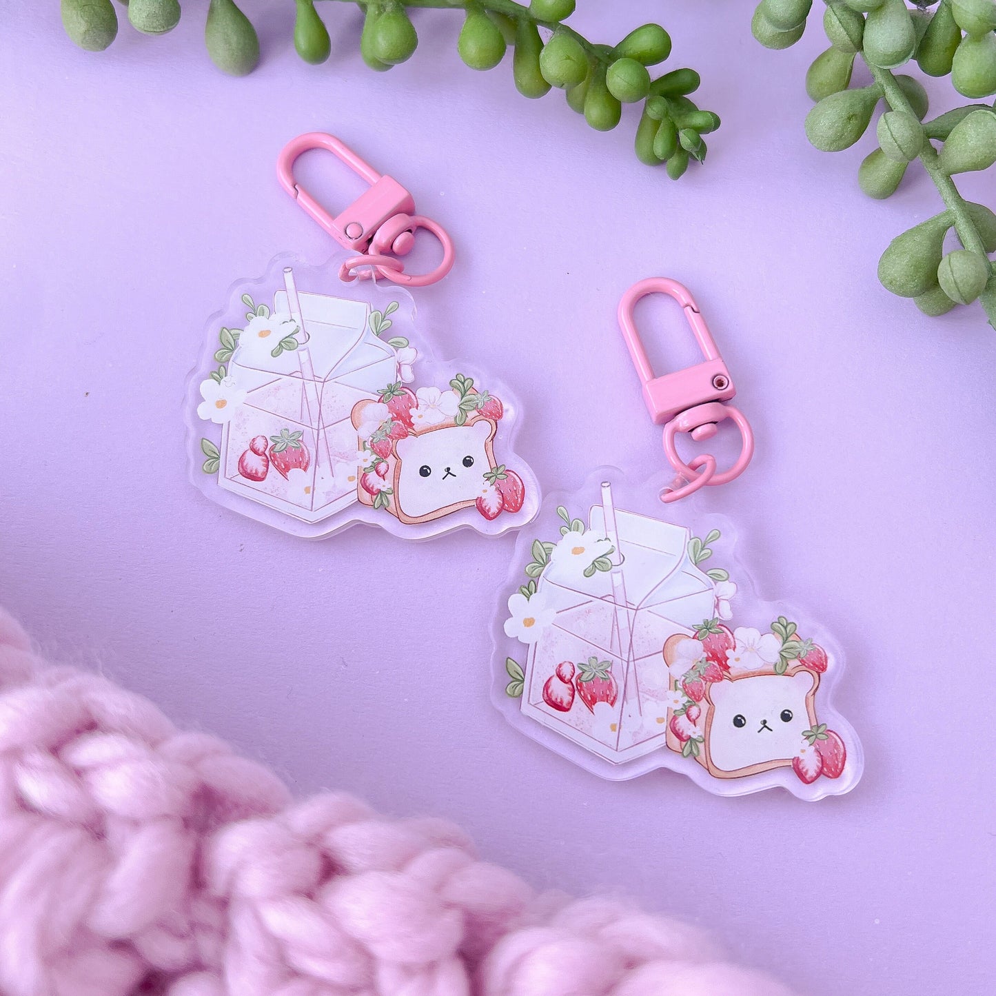 Strawberry, bear juice, sandwich acrylic charm, keychain, keyring, bag charm, cute accessories. Gift, keychain.