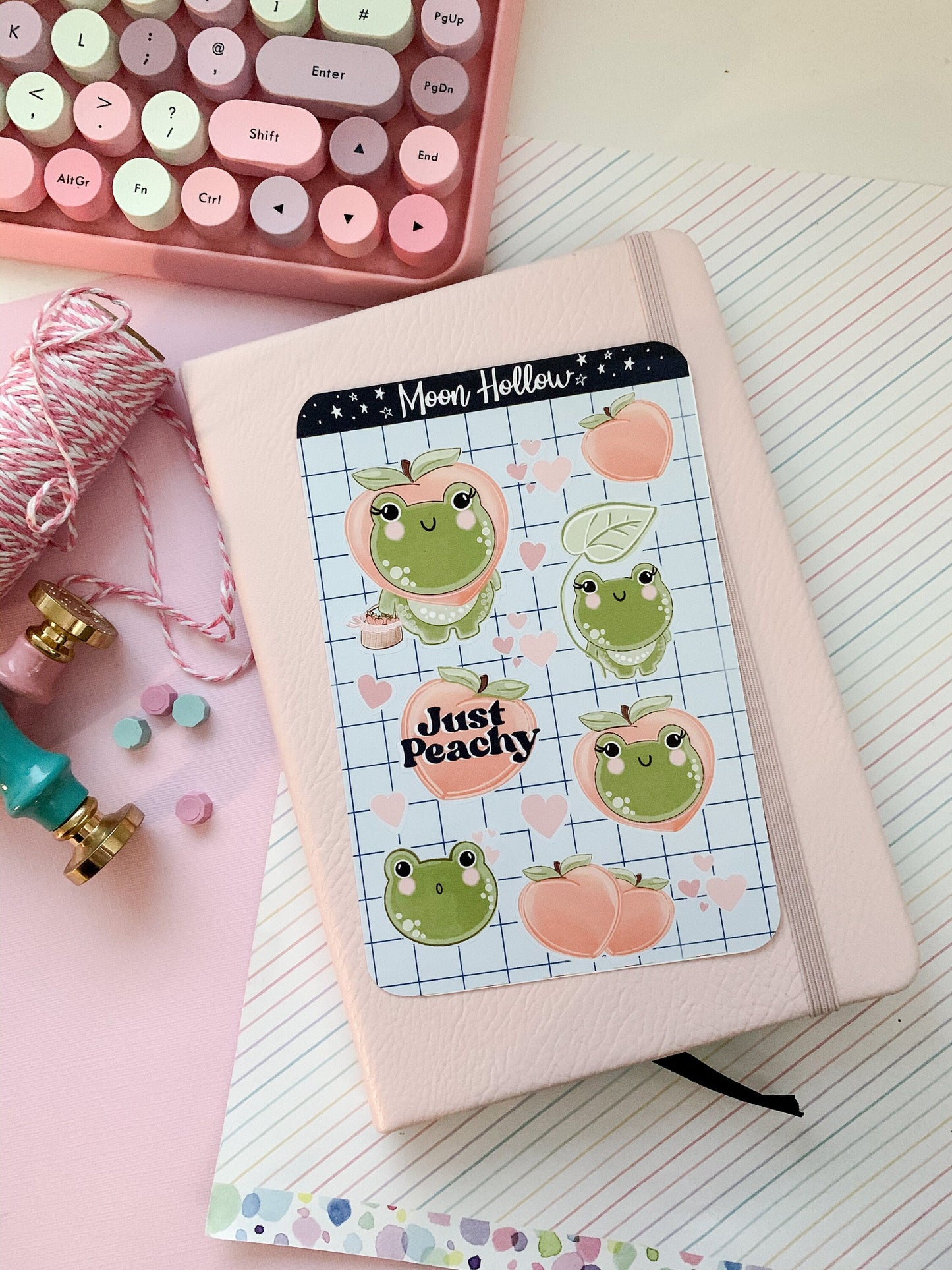 Kawaii Frog & Peach sticker sheet. Journal, bullet journal, stationery, digital art stickers.