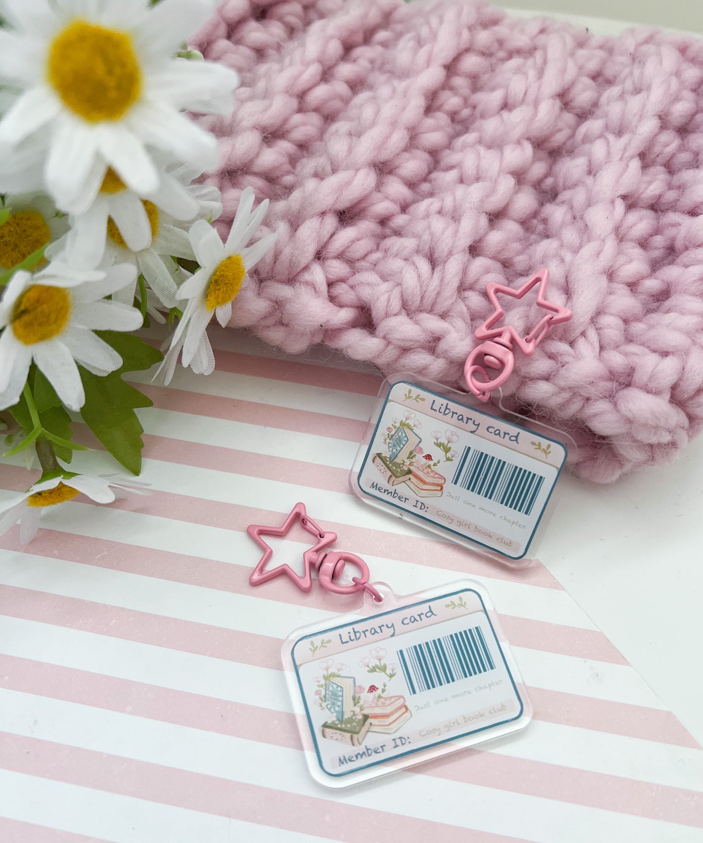 Cozy girl library card acrylic key charm. Cosy bookish gift. Bag charm