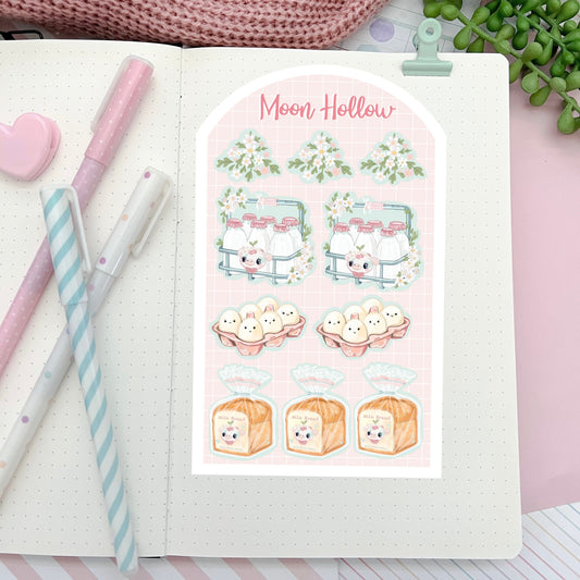 Shopping essentials journal stickers. Food calendar sticker sheet. Diary food shopping essentials. Cute kawaii food stickers