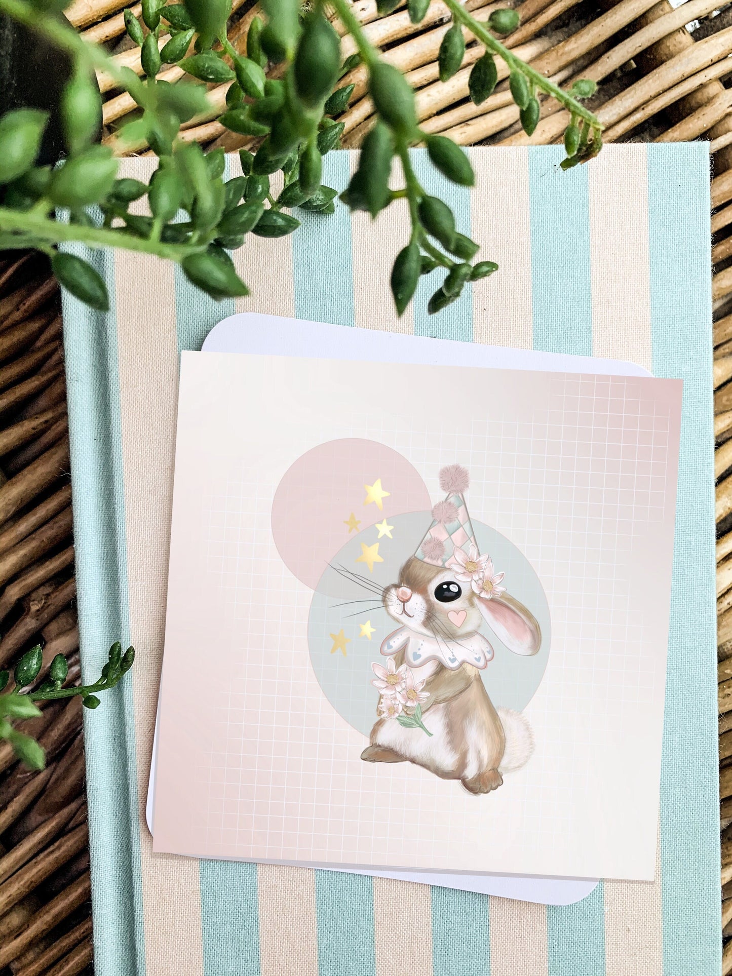 Moonlight Bunny cute kawaii art print. Illustration. Hand drawn magic bunny, rabbit magical circus print.