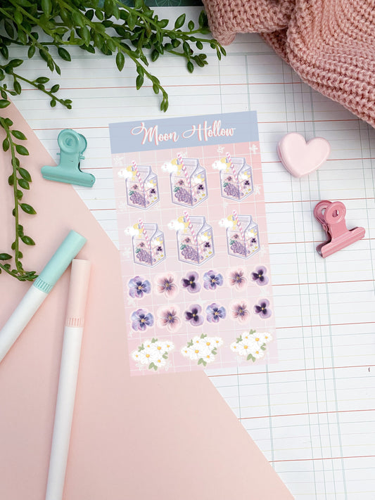 Kawaii Pansy juice planner sticker sheet 1pcs // Digital Art, Lilac, Illustration, Kawaii, Stationary, cute, moon, cottagecore, bujo