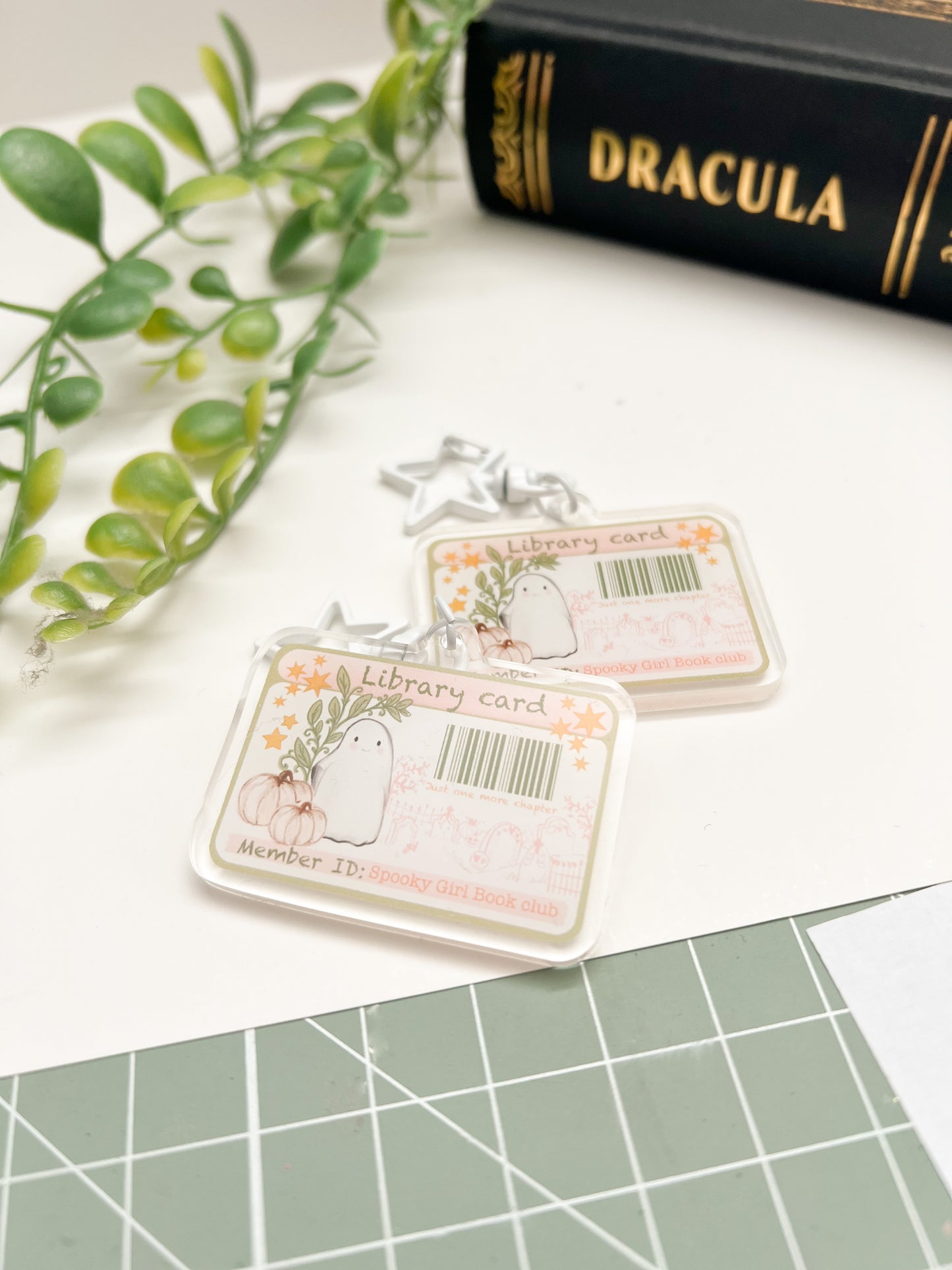 Spooky Girl library card acrylic key charm. Bookish bag charm gift