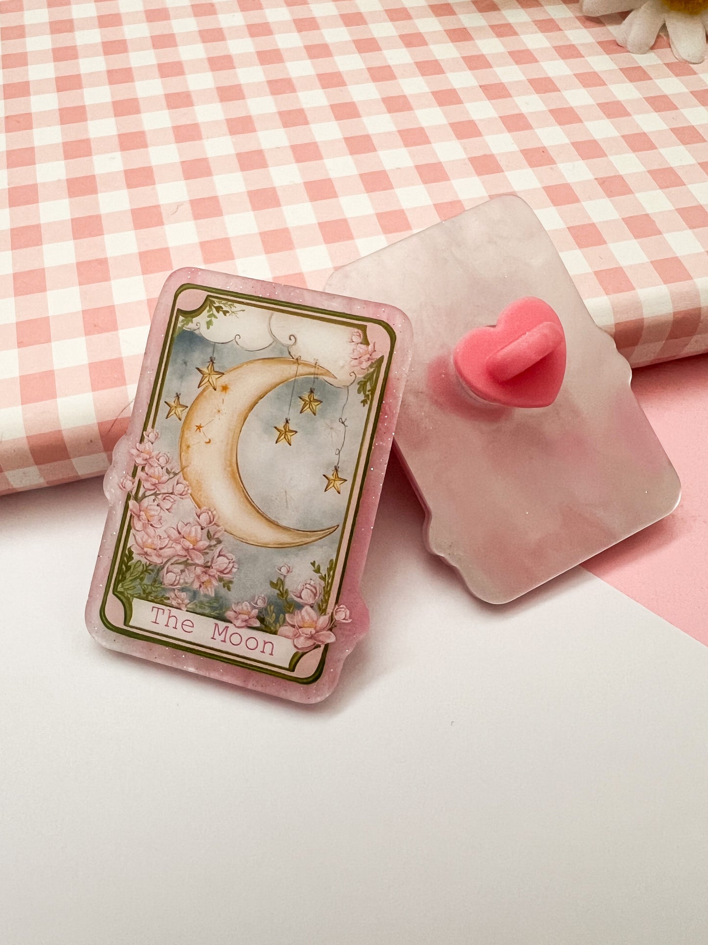 The Moon tarot card pink opal acrylic pin ￼