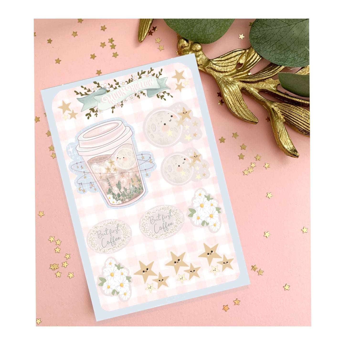 But first coffee sticker sheet, Cute Digital Art, Stickers, Kawaii Illustration, flowers, Stationary, scrapbooking, bullet journal.