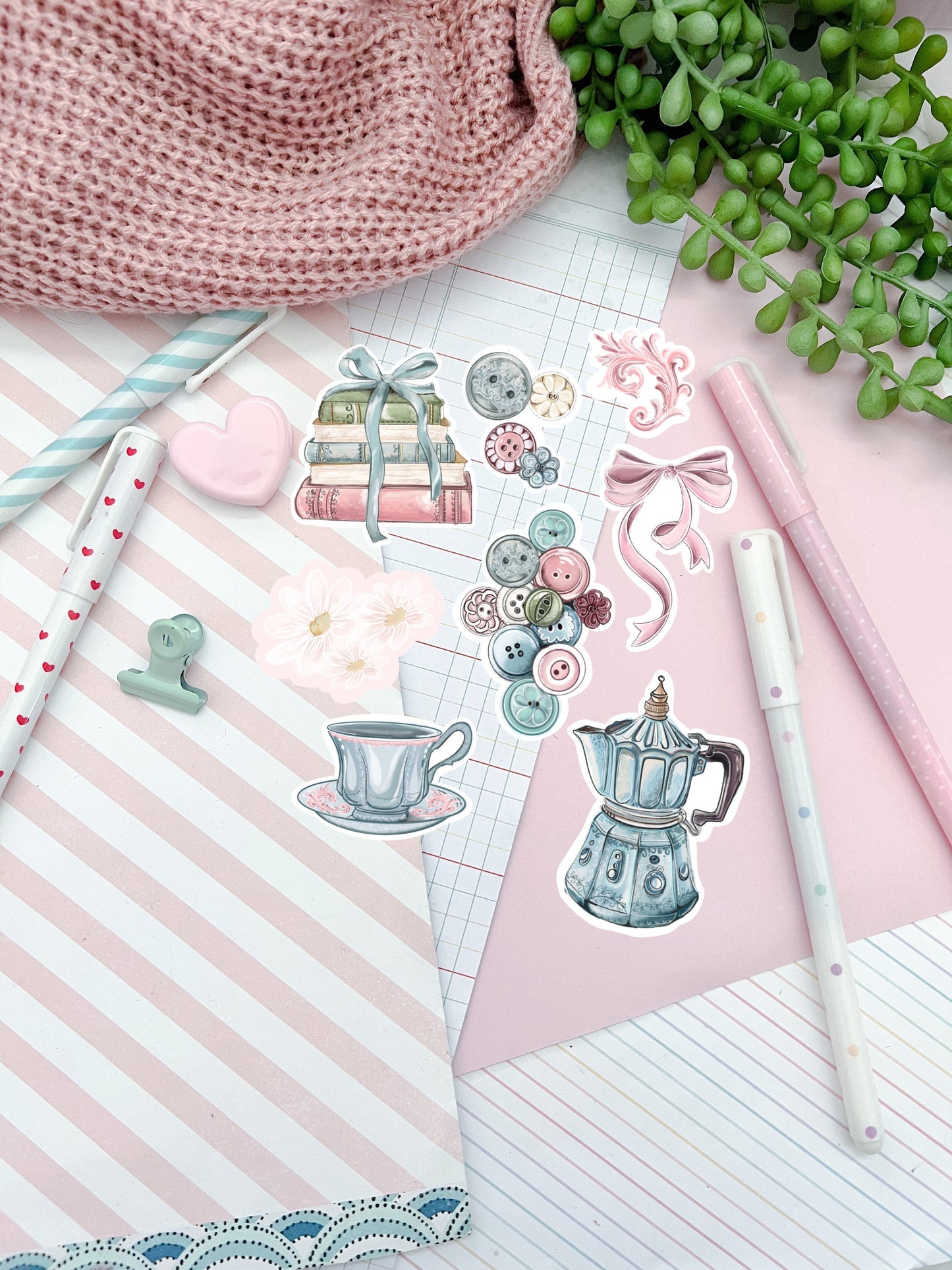 Buttons books and bows sticker pack.   Digital Art, Sticker set, cozy Illustration, Stationary, coffee reading  bujo bullet journal stickers