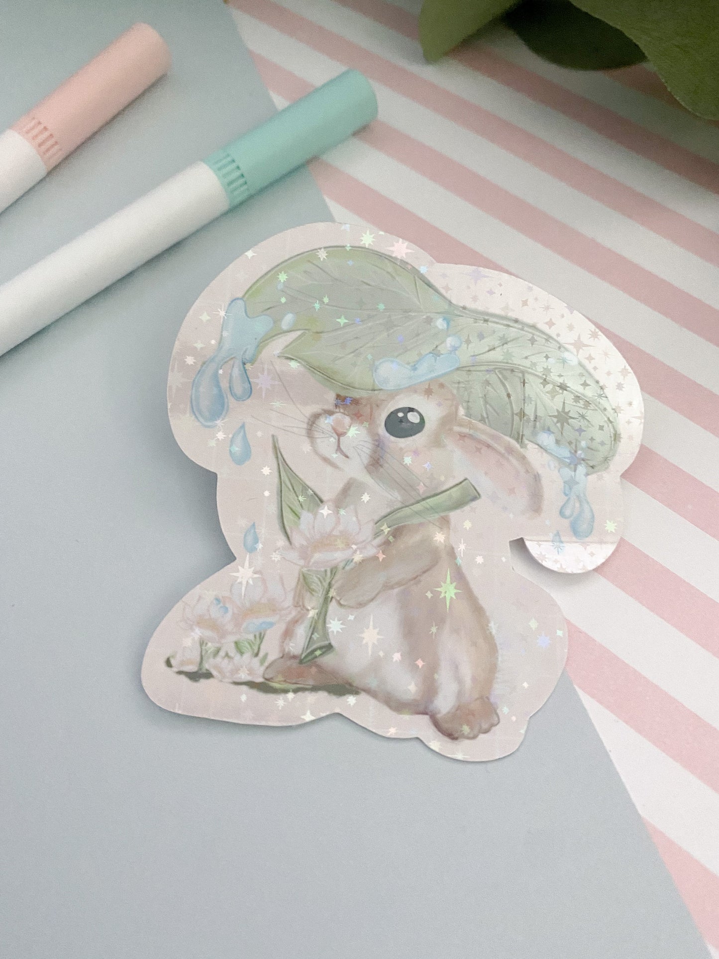 Holographic star Rain drop bunny sticker. Digital Art, Stickers, Kawaii Illustration, Stationary, Magic, aesthetic , bujo bullet journal.