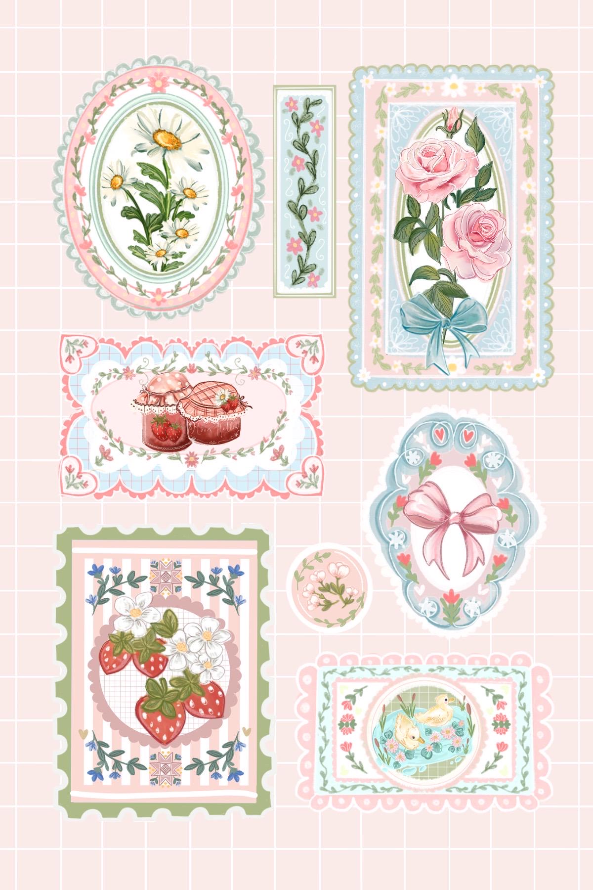 Delicate floral Coquette aesthetic sticker sheet,  coquette frames, watercolour Stickers Illustration, bows and ribbons,  bullet journa