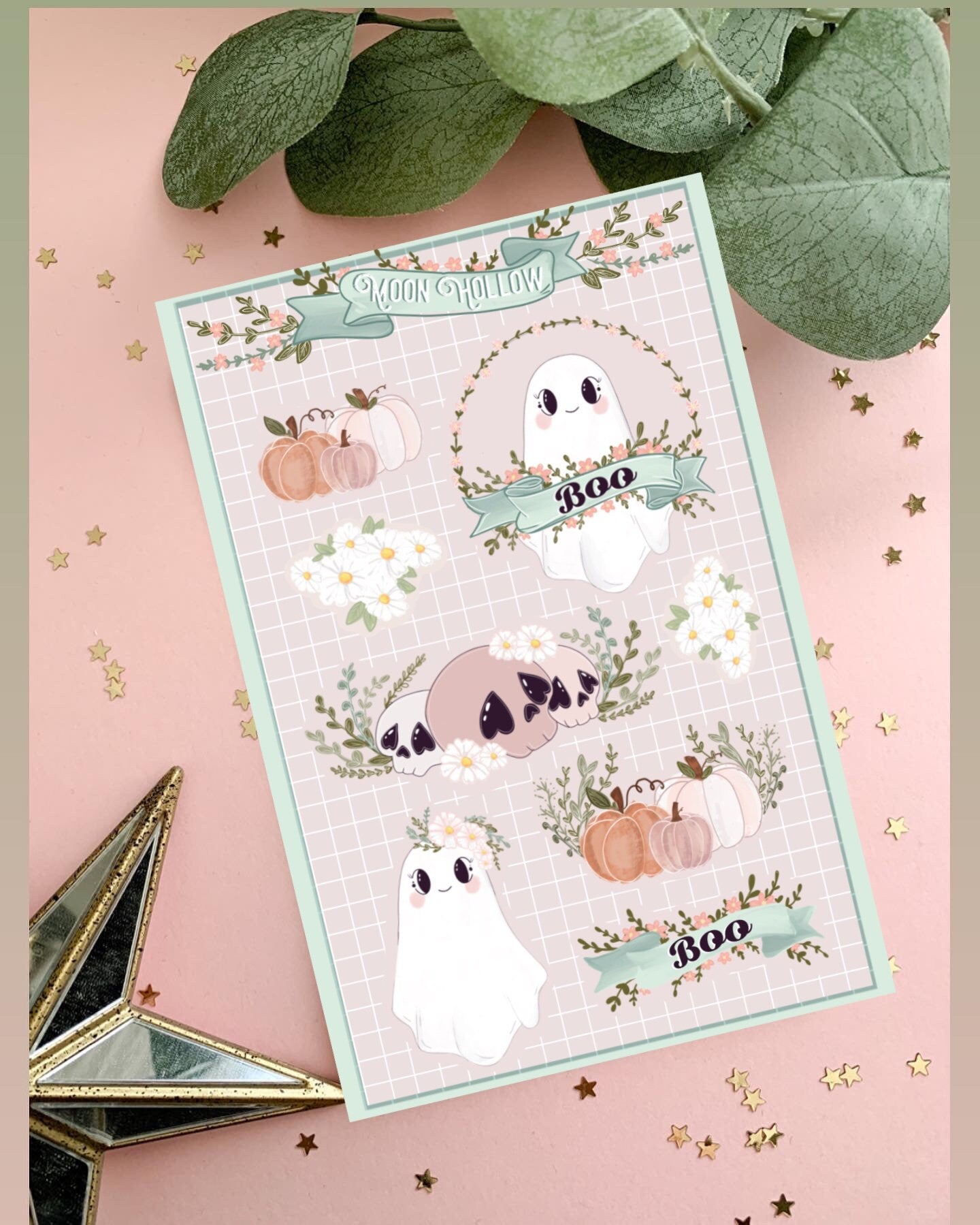 Pastel spooky boo  sticker sheet//  Digital Art, Stickers, Witch, Illustration, crystal , Stationary, Magic , bullet journal.