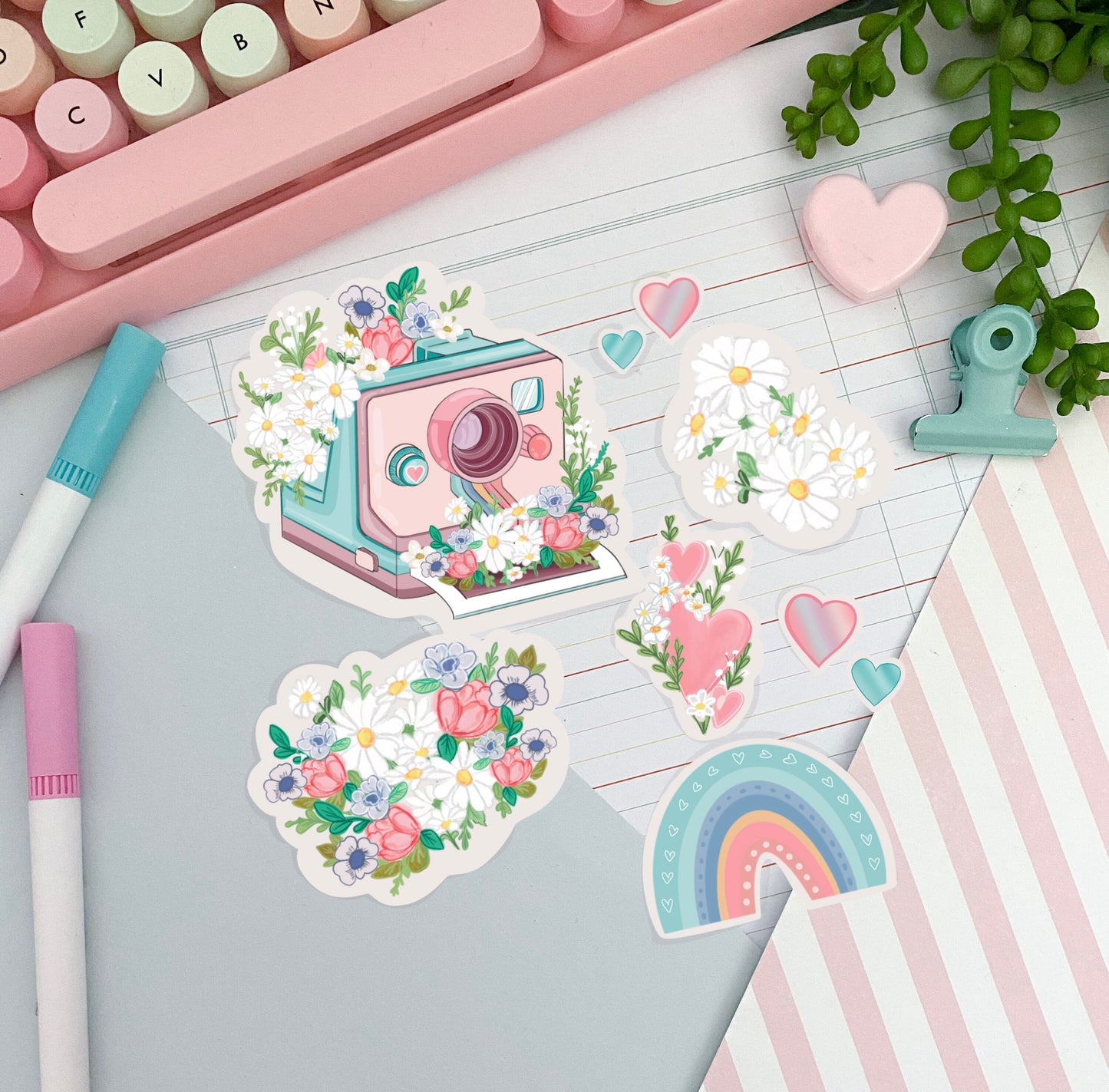 Kawaii instant camera rainbow flower sticker pack.