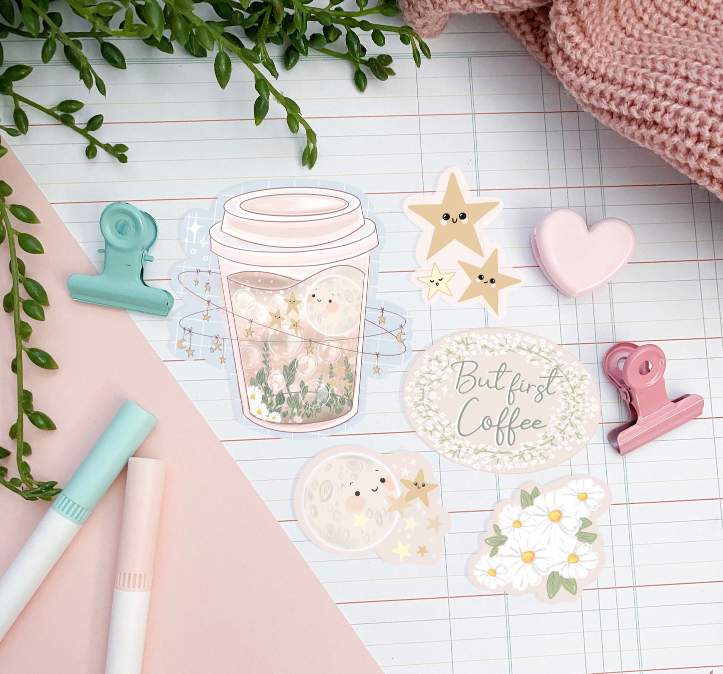 But first coffee moon sticker pack, Digital Art, Stickers, Kawaii Illustration, space, Stationary, Magic, coffee, bujo bullet journal.