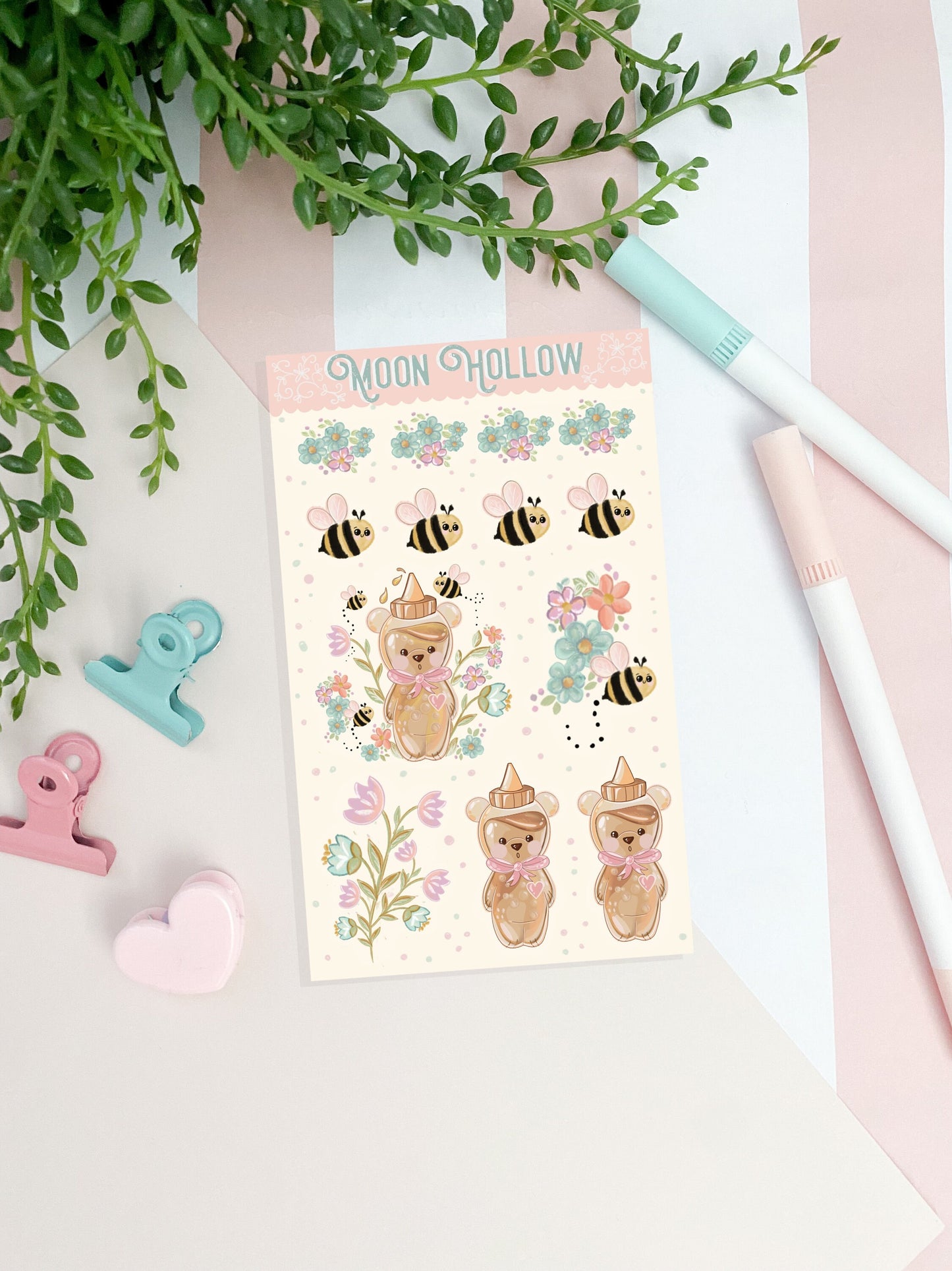 Kawaii honey bear bee bottle sticker sheet, Cute Digital Art, Stickers, Kawaii Illustration, flowers,Stationary