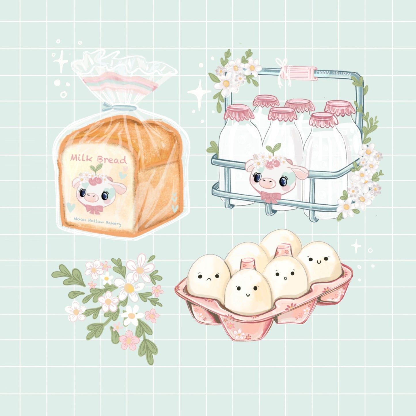 Shopping essentials journal stickers. Food calendar sticker sheet. Diary food shopping essentials. Cute kawaii food stickers