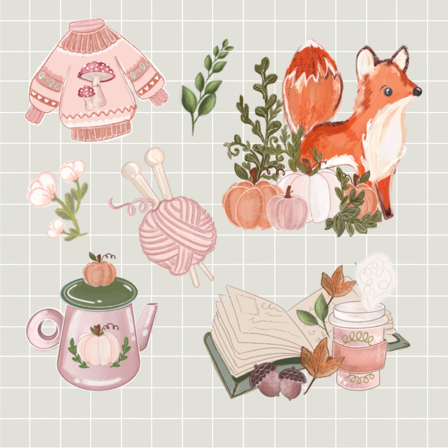 Cozy fox pumpkin sticker pack//  Digital Art, Stickers, Witch, Illustration, crystal , Stationary, Magic , bullet journal.