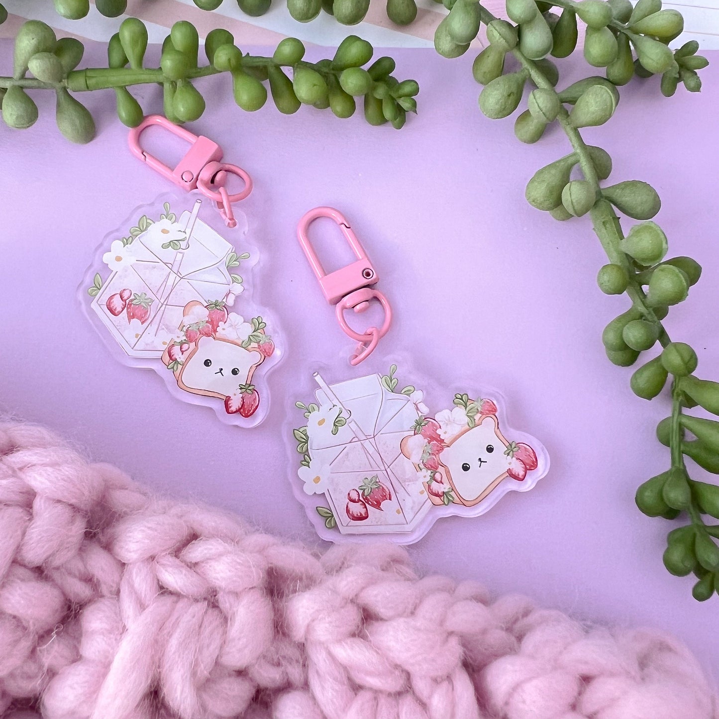 Strawberry, bear juice, sandwich acrylic charm, keychain, keyring, bag charm, cute accessories. Gift, keychain.