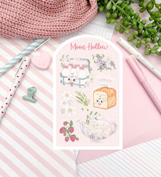 Kawaii bakery tea sticker sheet Cute cow, milk, bread. Cottagecore tea  Digital Art, Stickers,Stationary, penpal, bujo bullet journal.