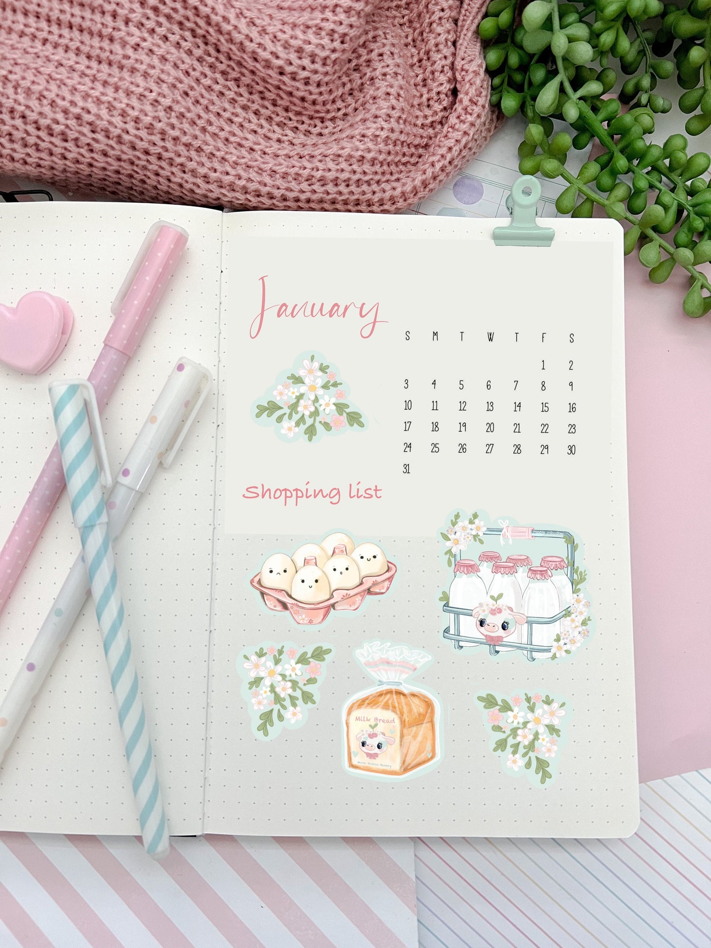 Shopping essentials journal stickers. Food calendar sticker sheet. Diary food shopping essentials. Cute kawaii food stickers