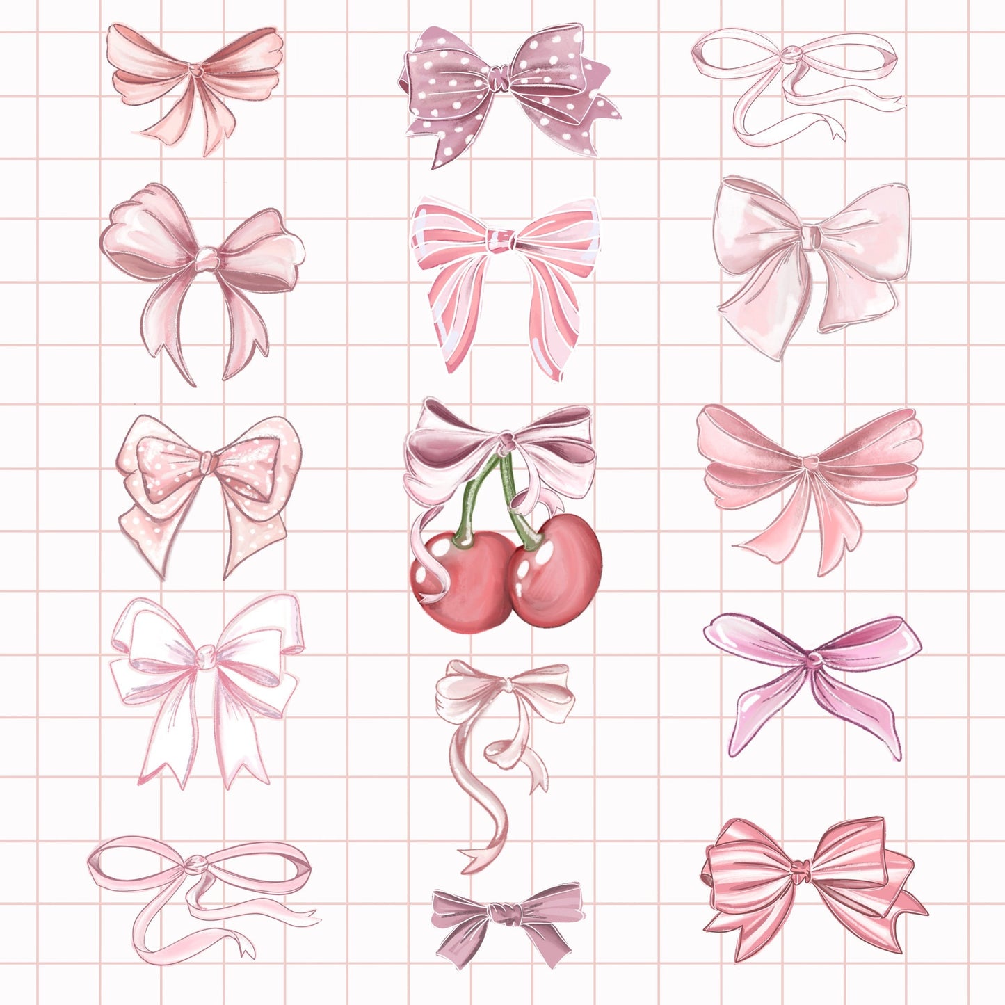 Cherry bow coquette sticker sheet, cherry coquette style, fashion  lover Stickers Illustration bows, ribbons, coquette core journal.