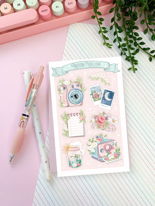 Retro camera aesthetic sticker sheet, Hand drawn, Stickers, Moon Illustration, journaling, Stationary, Bujo, scrapbook bullet journal.