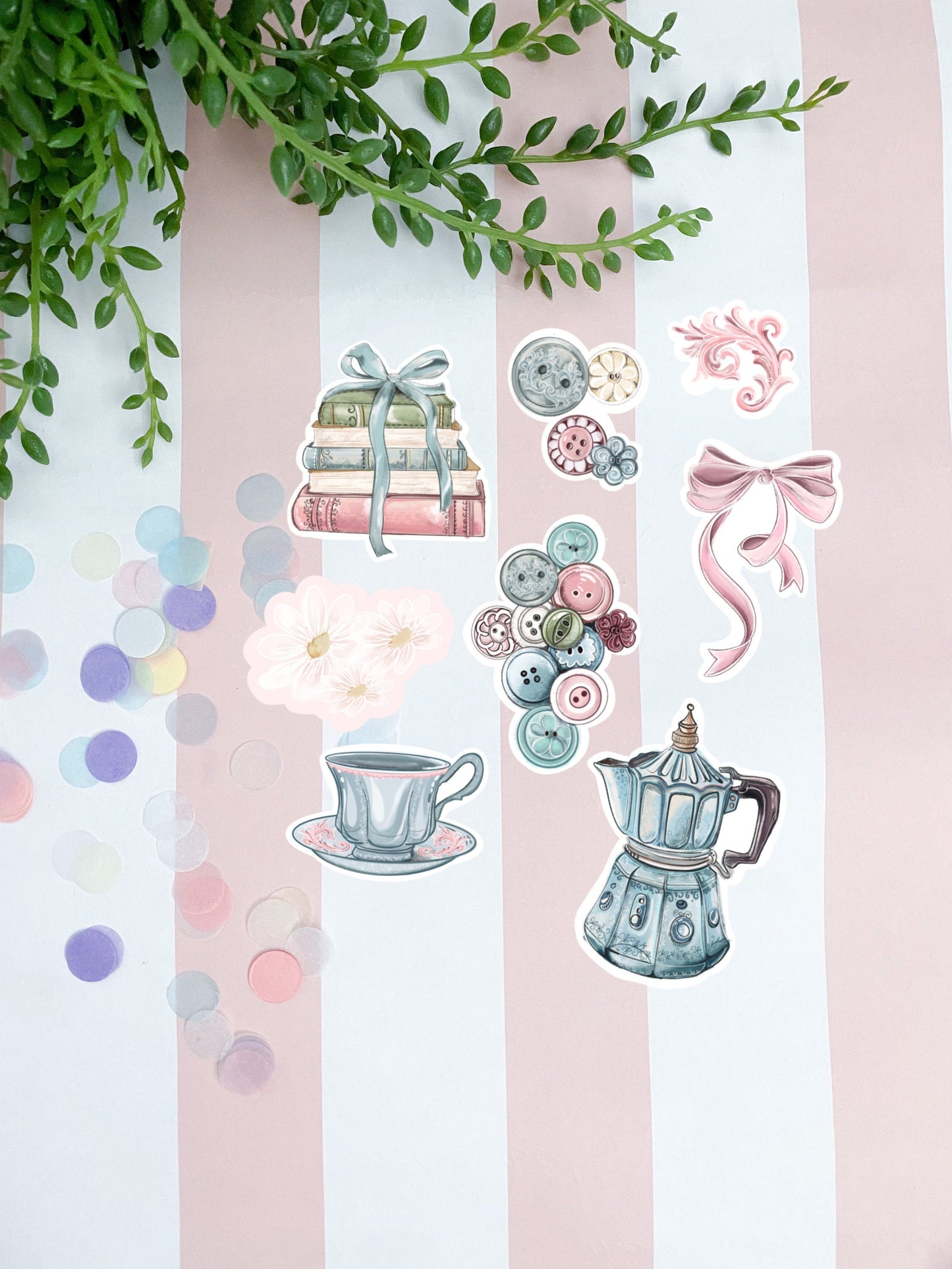 Buttons books and bows sticker pack.   Digital Art, Sticker set, cozy Illustration, Stationary, coffee reading  bujo bullet journal stickers