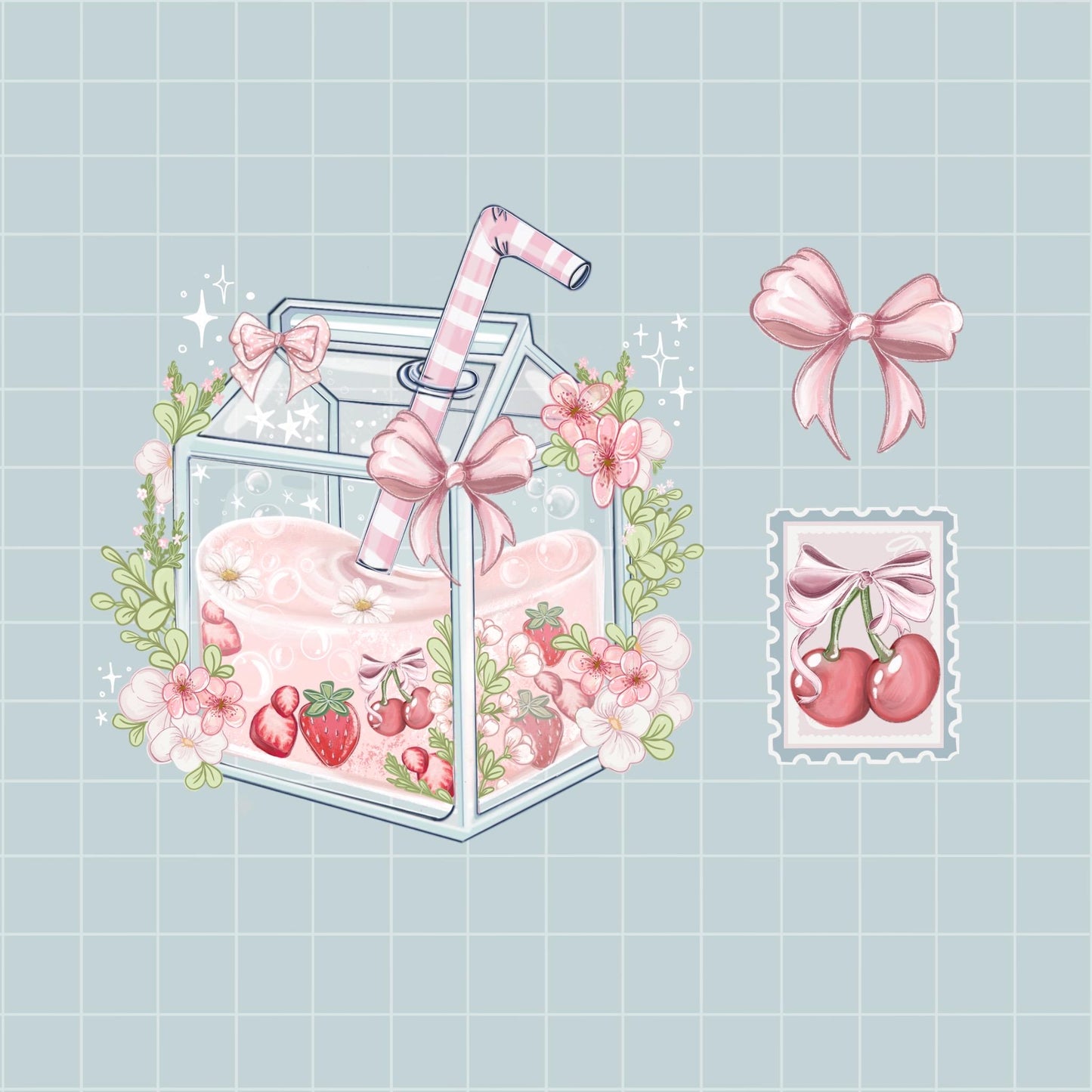 Kawaii Juice Coquette Mini Kiss Cut Sticker Sheet | Adorable juice & bow Stickers | Cute Aesthetic Decor | Perfect for Journals, Planners
