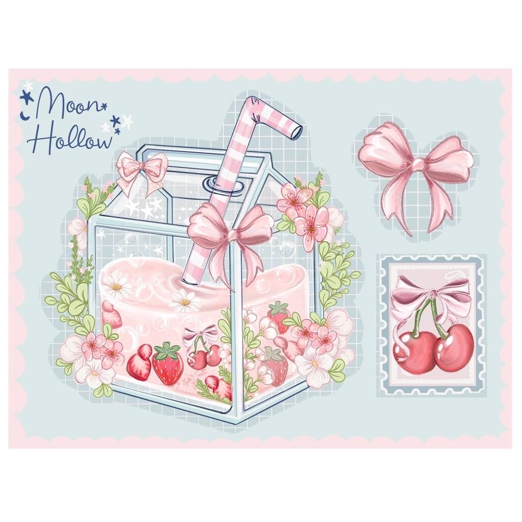 Kawaii Juice Coquette Mini Kiss Cut Sticker Sheet | Adorable juice & bow Stickers | Cute Aesthetic Decor | Perfect for Journals, Planners
