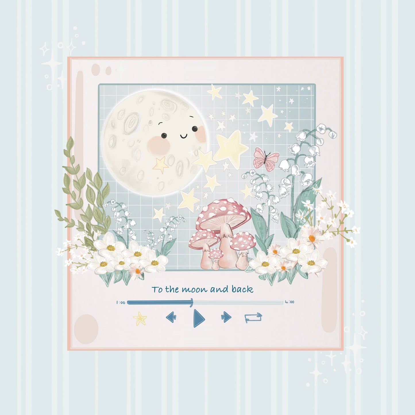 To the moon music window illustration art print, hand drawn Illustration, music player.