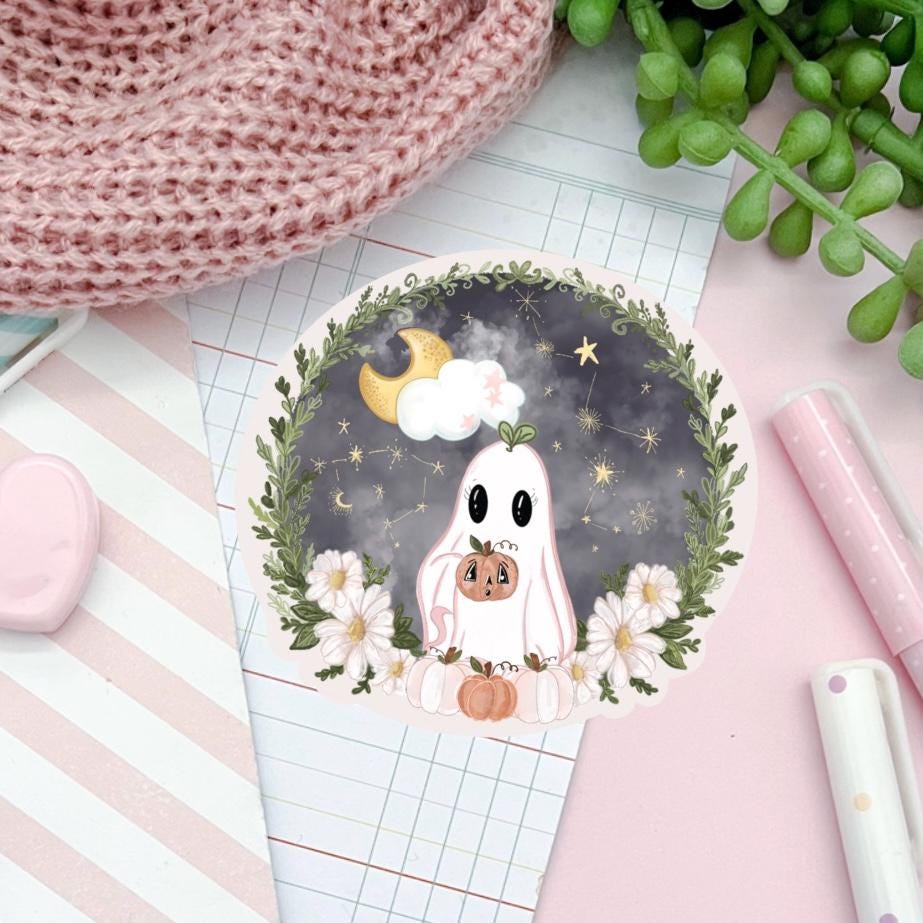 Pumpkin ghost, vinyl die-cut sticker/ Digital art, decals.