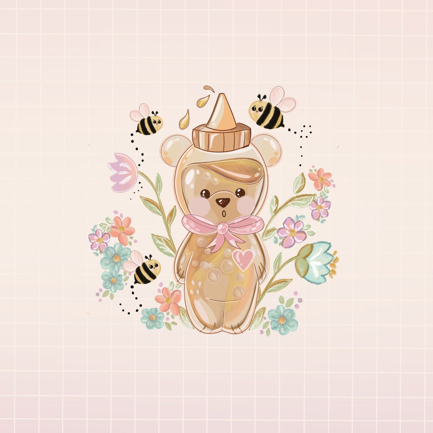 Kawaii honey bear bee bottle sticker sheet, Cute Digital Art, Stickers, Kawaii Illustration, flowers,Stationary
