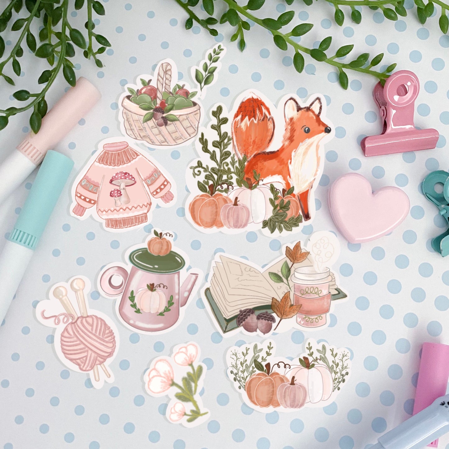 Cozy fox pumpkin sticker pack//  Digital Art, Stickers, Witch, Illustration, crystal , Stationary, Magic , bullet journal.