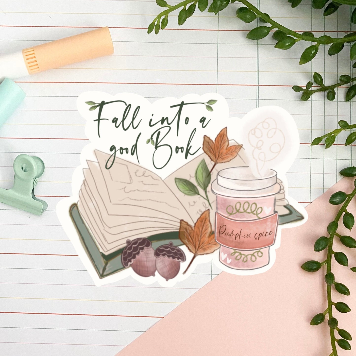 Fall into a good book sticker  /  Autumn Fall die-cut sticker.