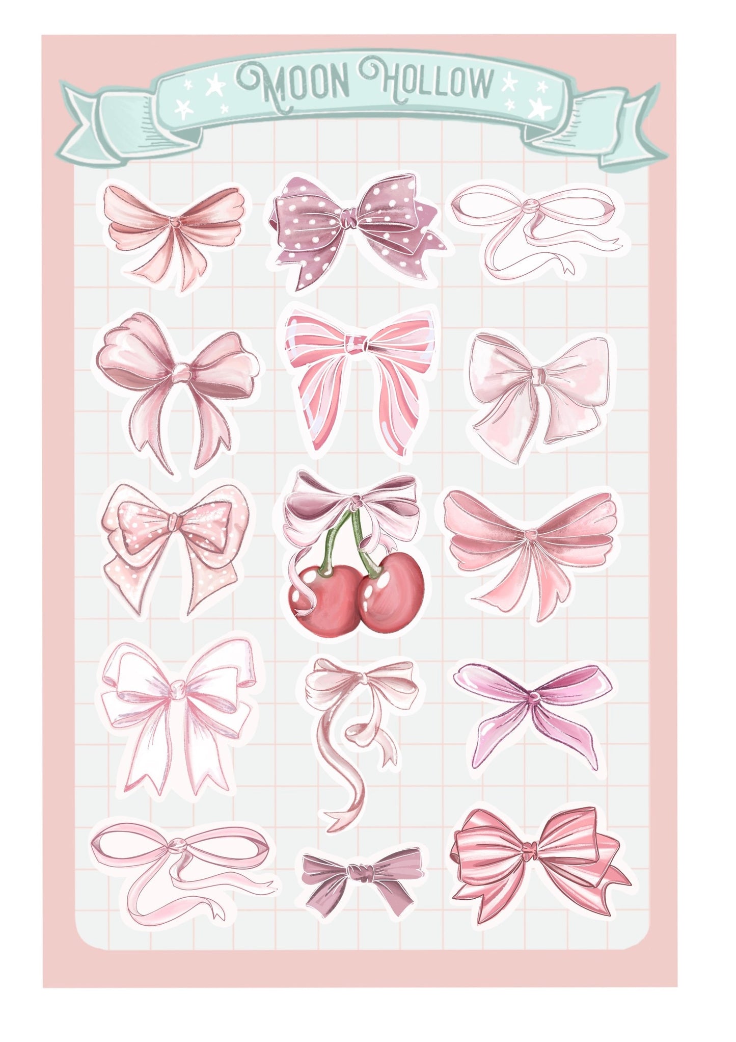 Cherry bow coquette sticker sheet, cherry coquette style, fashion  lover Stickers Illustration bows, ribbons, coquette core journal.