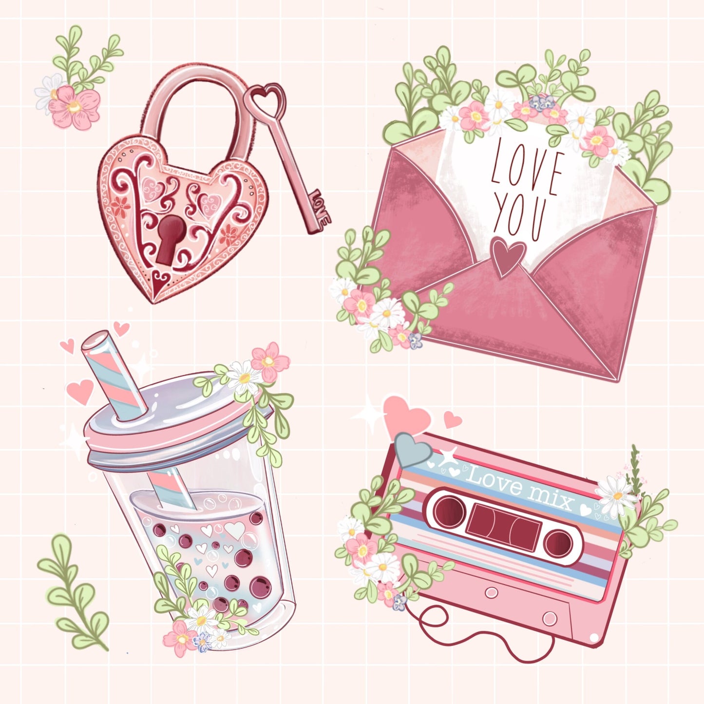 Cute retro love sticker sheet, journal stickers. Planner stickers.  Illustration, Stationary, bullet journal planner stickers, Illustration