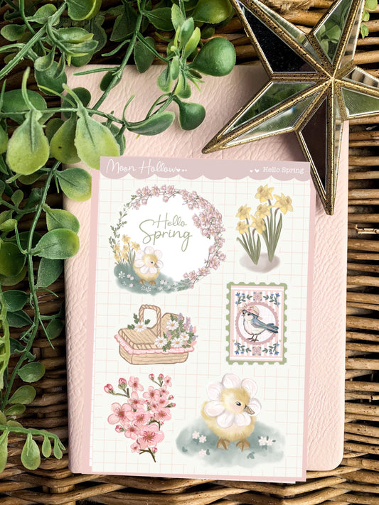Hello Spring, cute duck Cottagecore Sticker sheet, cozy flower bullet journal stickers. Cozy cottage core stickers. Delicate. decoration.