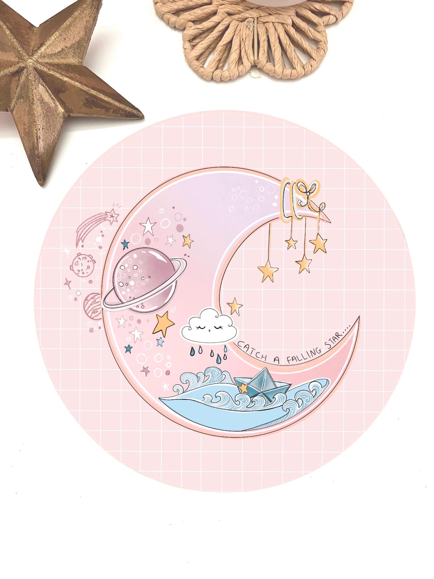 Kawaii Catch a falling Star Moon gaming mouse mat, cute office desk mat,  computer mat. Gaming desk mat. Cute colourful desk mousepad.