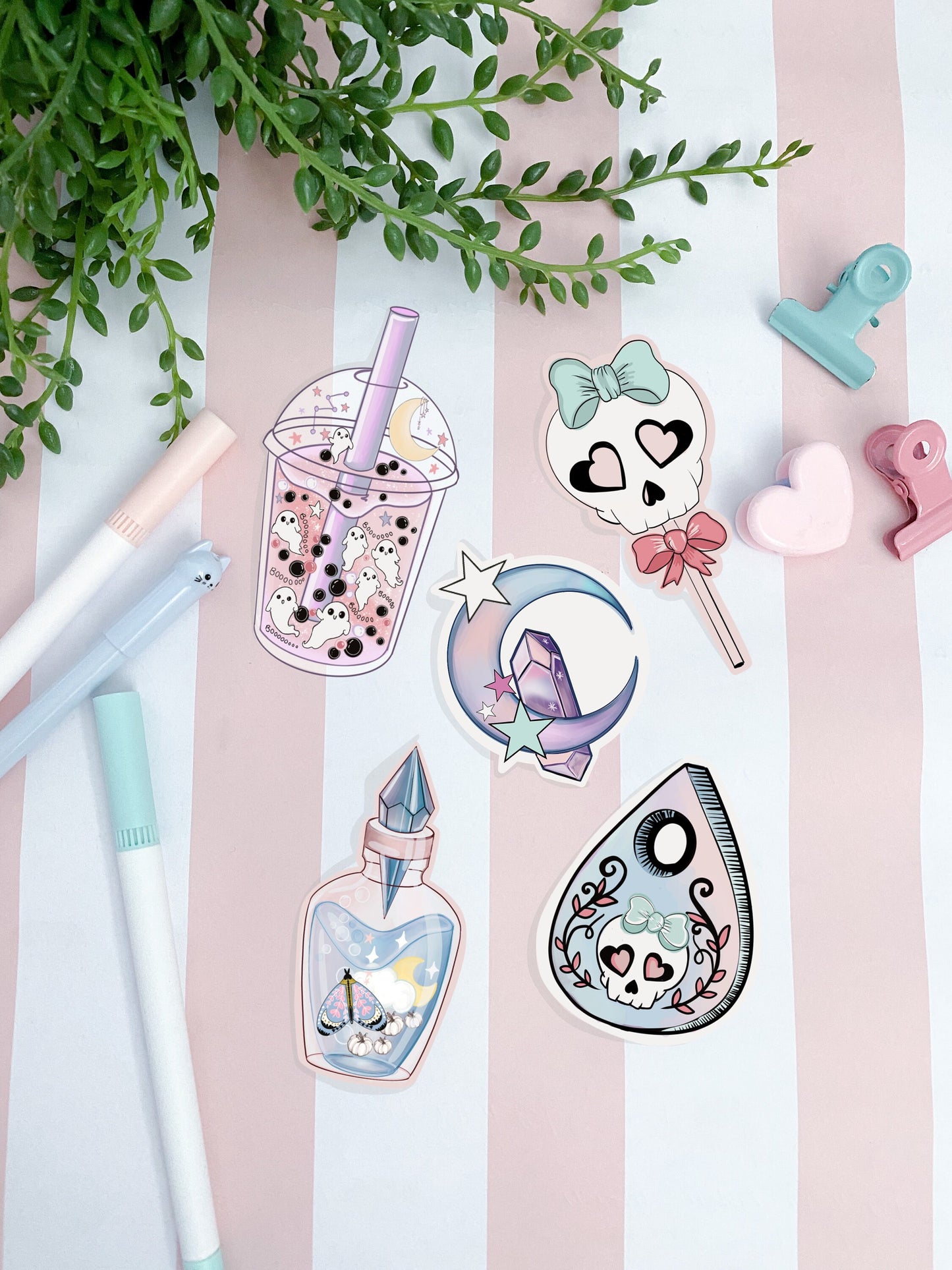 Pastel skull sticker pack//  Digital Art, Stickers, Witch, Illustration, crystal , Stationary, Magic , bullet journal.