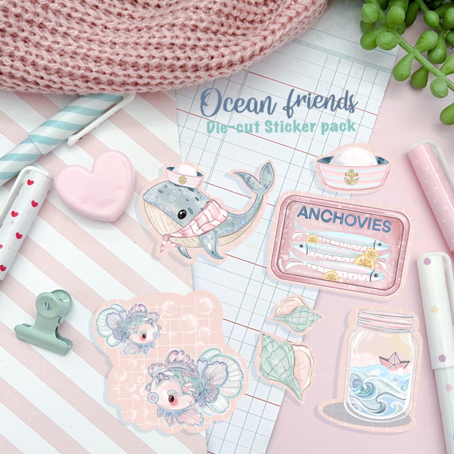 Ocean friends Sticker Pack, Cute sea life journal stickers,  Whale, fish, shell Digital Art, bujo bullet journal. Die cut stickers.