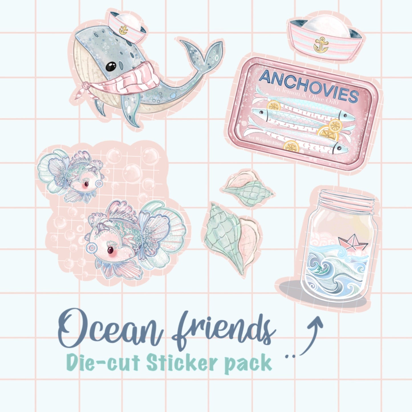 Ocean friends Sticker Pack, Cute sea life journal stickers,  Whale, fish, shell Digital Art, bujo bullet journal. Die cut stickers.