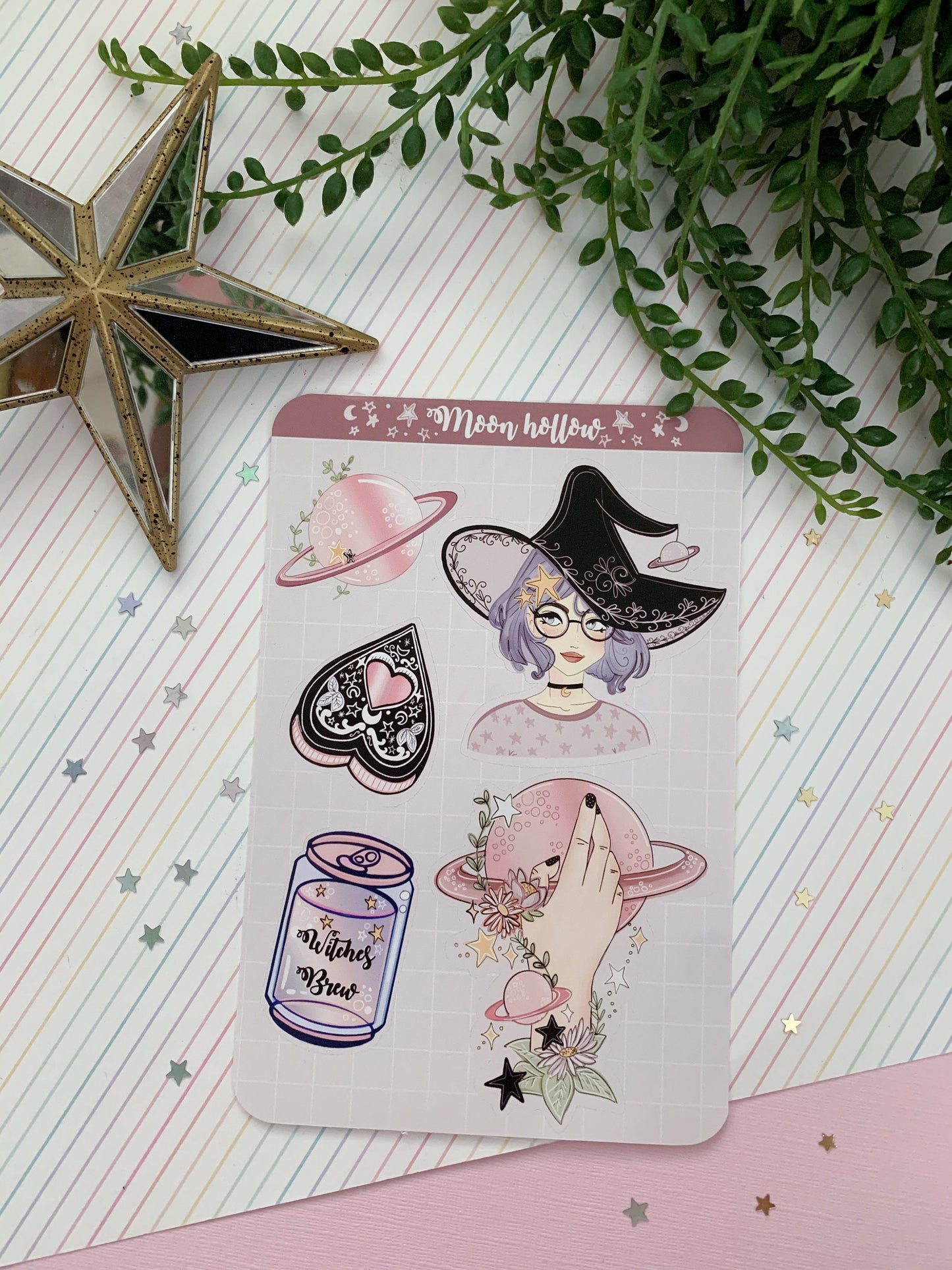 Purple Space Witch girl sticker sheet//  Digital Art, Stickers, Witch, Illustration, witch, Stationary, Magic , bullet journal. Cut
