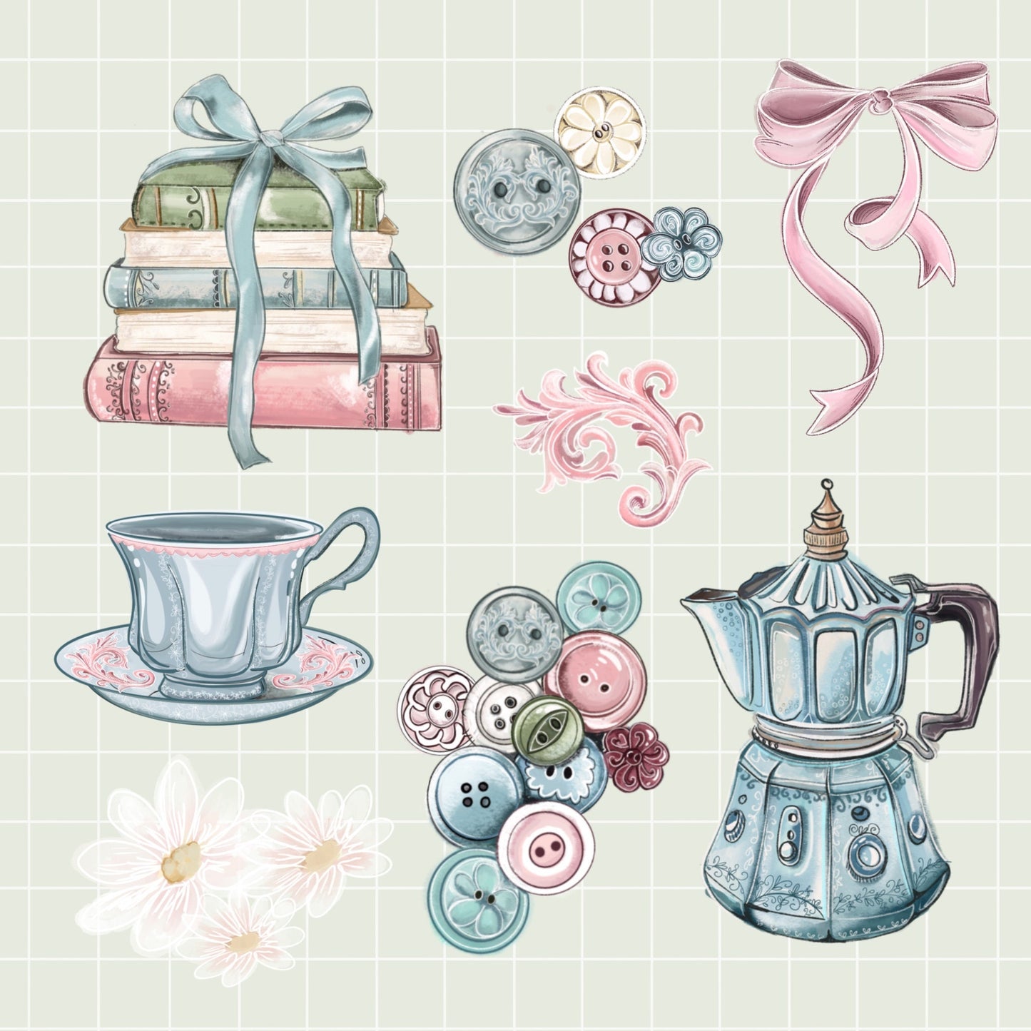 Buttons books and bows sticker pack.   Digital Art, Sticker set, cozy Illustration, Stationary, coffee reading  bujo bullet journal stickers