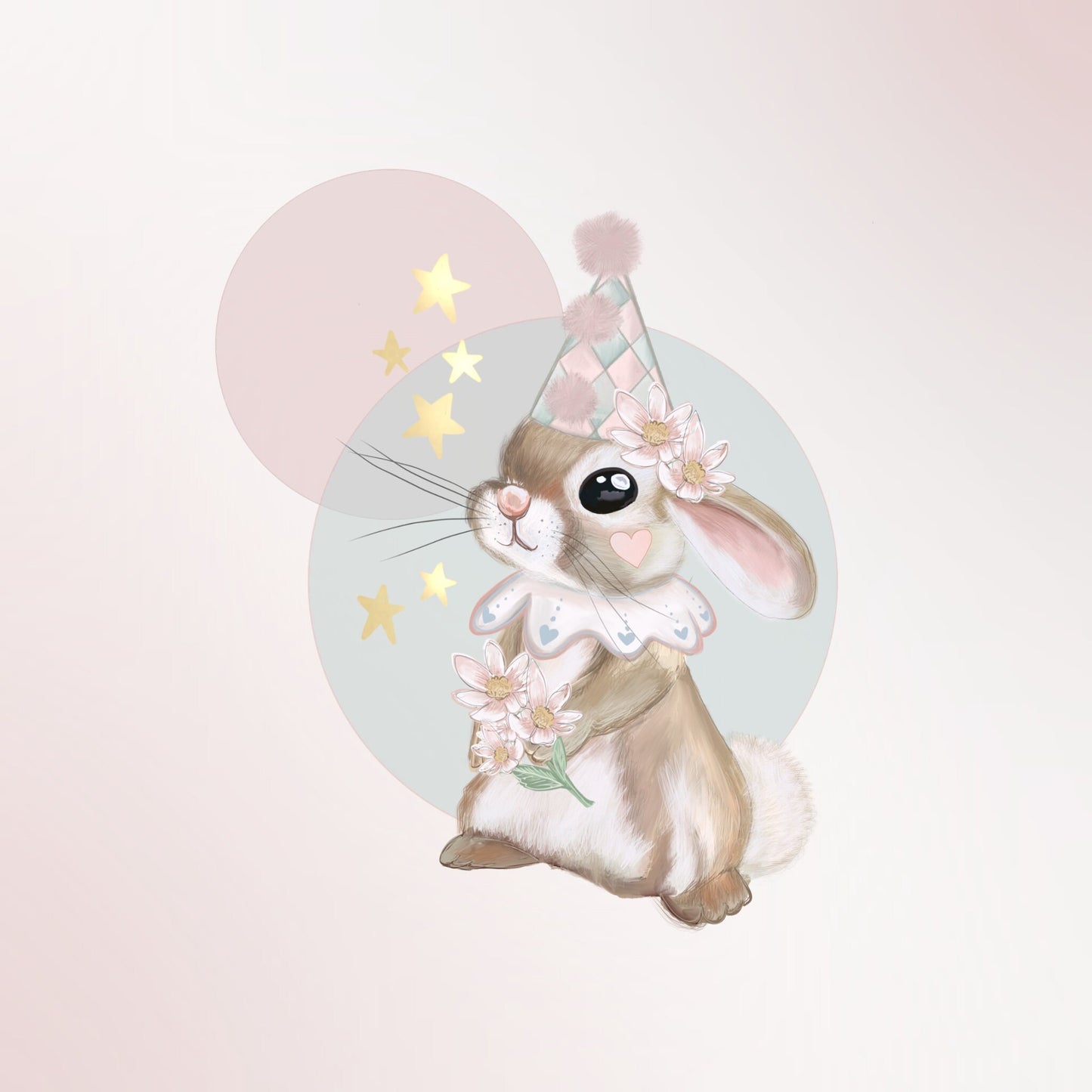 Moonlight Bunny cute kawaii art print. Illustration. Hand drawn magic bunny, rabbit magical circus print.