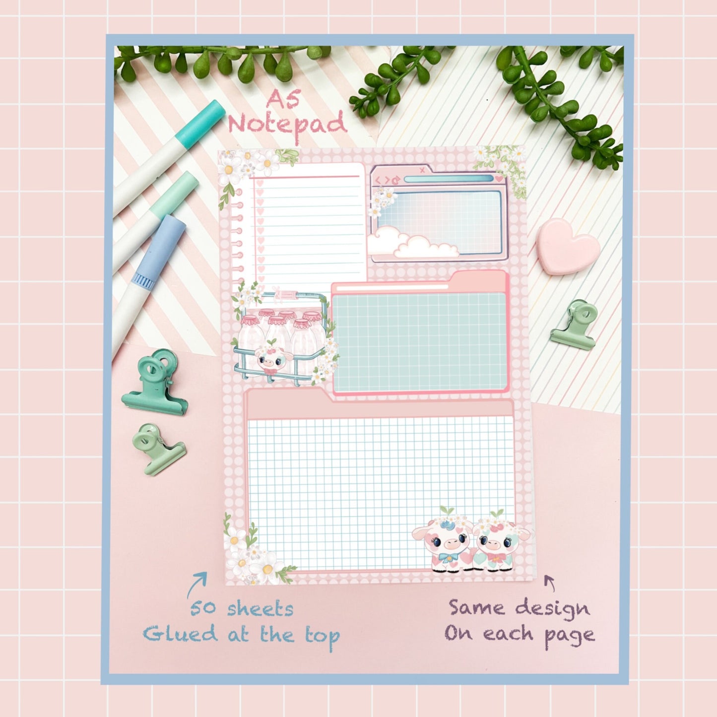 A5 kawaii Notepad . cute planner, notepad. Organisational planner, Memo pad. Notes. Journal, bujo. Organisational planner. Cute cow.