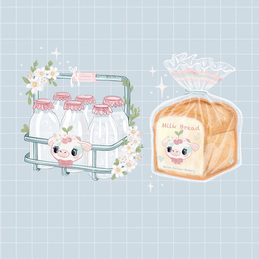 Kawaii bakery sticker pack, Cute cow, milk, bread. Japanese sandwich Digital Art, Stickers, Cute Illustration, Stationary bullet journal.