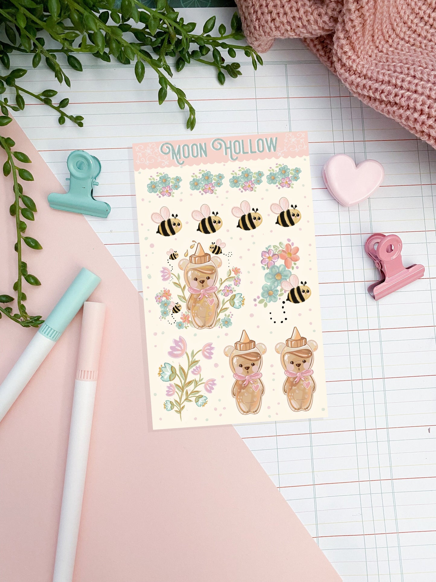 Kawaii honey bear bee bottle sticker sheet, Cute Digital Art, Stickers, Kawaii Illustration, flowers,Stationary