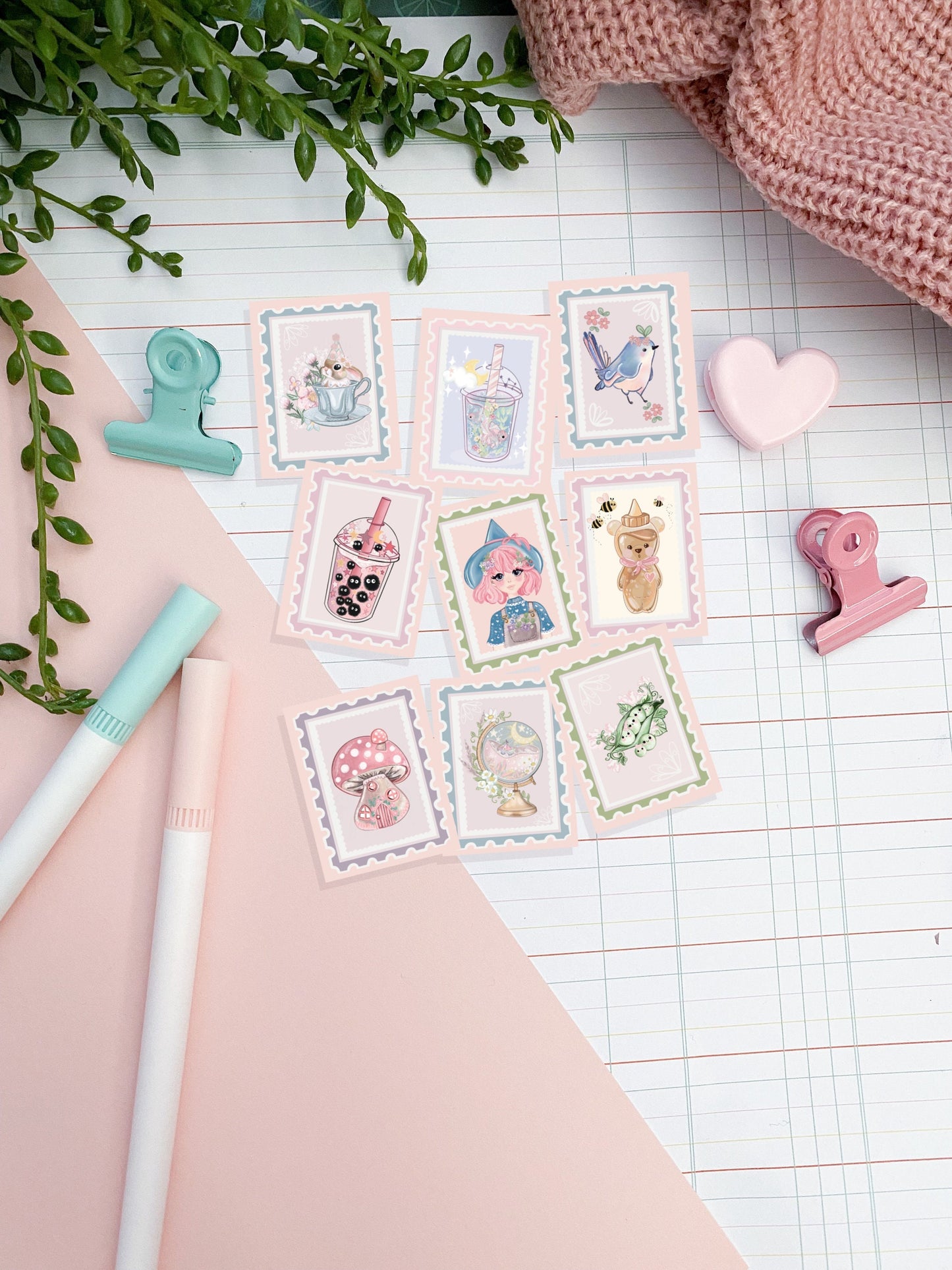 Cute kawaii stamp die cut stickers.