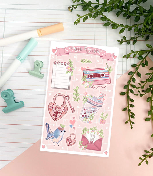 Cute retro love sticker sheet, journal stickers. Planner stickers.  Illustration, Stationary, bullet journal planner stickers, Illustration